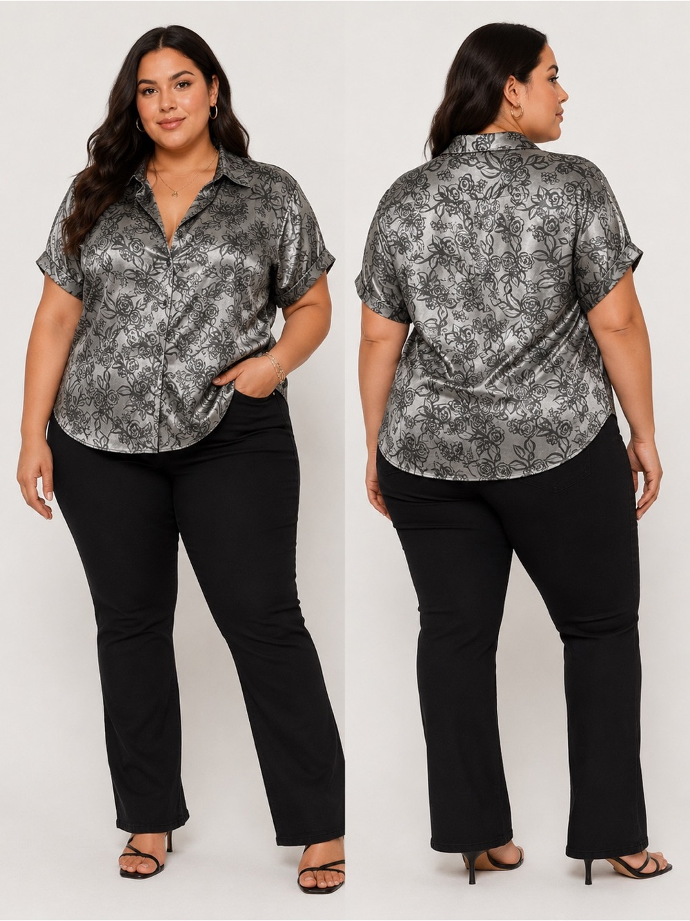 George 2X Silver Black Floral Satin Blouse Plus Size Short Sleeve Top